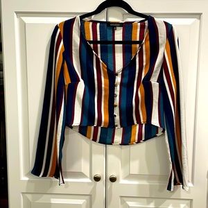 Boutique striped cropped Abbeline blouse with button front v neck, bell sleeves
